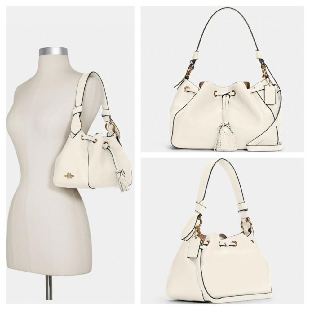 New Coach bucket drawstring shoulder bag purse in chalk white leather gold